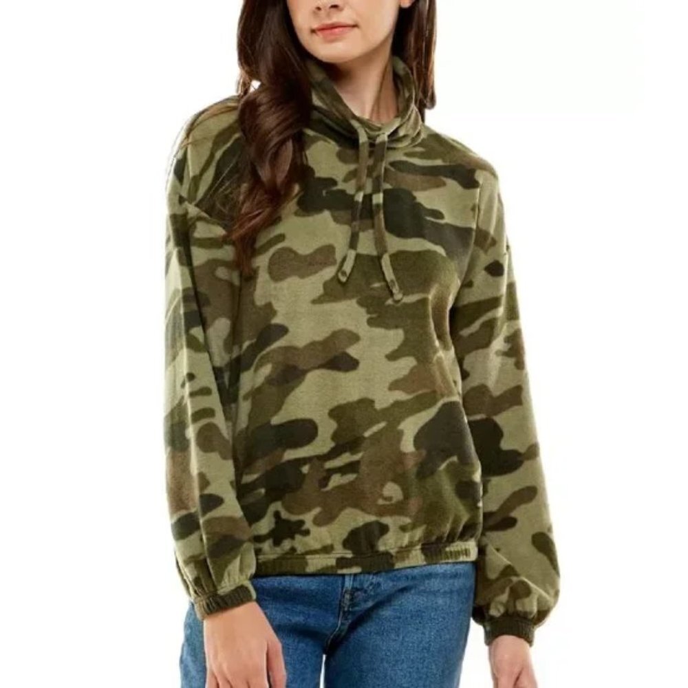 Derek Heart Juniors' Drawstring Cowl Neck Fleece Pullover